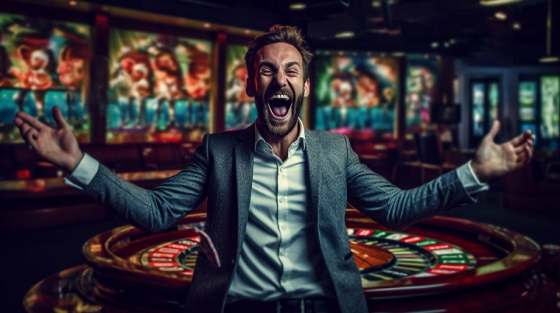 Man in a suit celebrating in front of a casino roulette